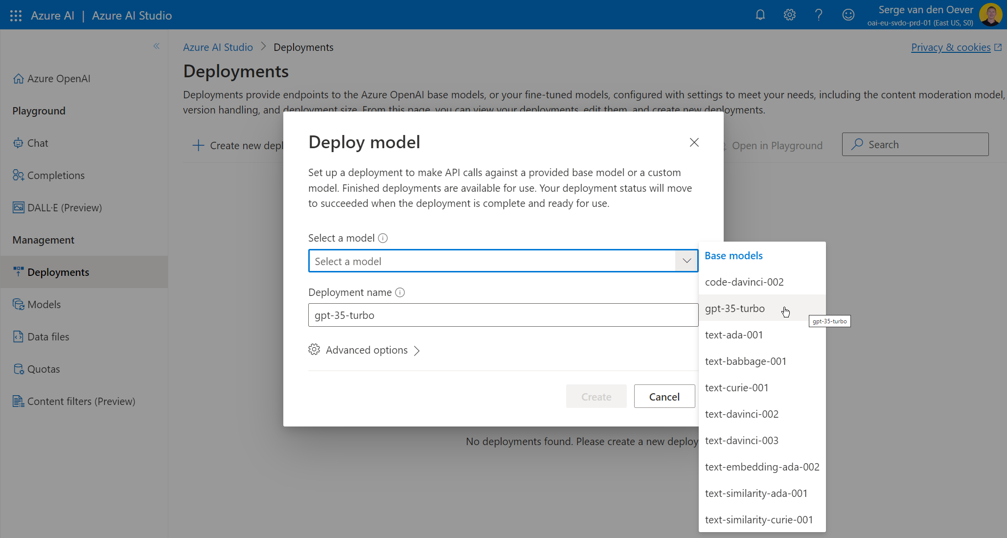 Azure AI Studio - select model